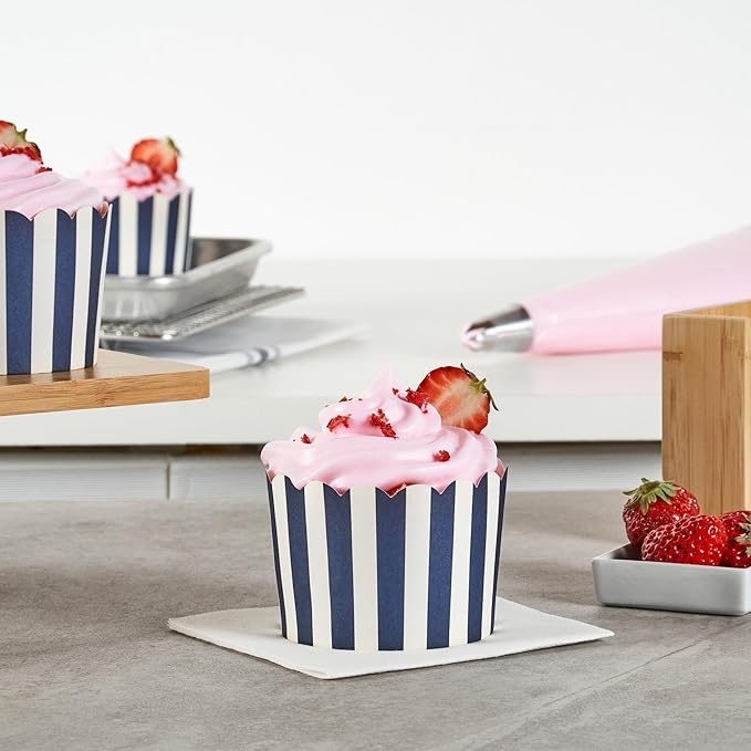Panificio 10 Ounce Cupcake Wrappers, 200 Scalloped Baking Cups - Oven-Ready, Greaseproof, Blue Striped Paper Cupcake Liners, Disposable, For Birthdays, Baby Showers, Or Weddings - Restaurantware