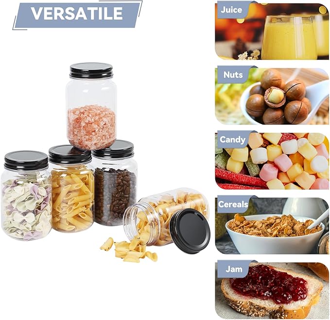 novelinks Plastic Jars With Lids 24Pcs 16 oz Plastic Mason Jars Food Storage Reusable Empty Storage Containers(Black, 24 Pack 16 Ounce)
