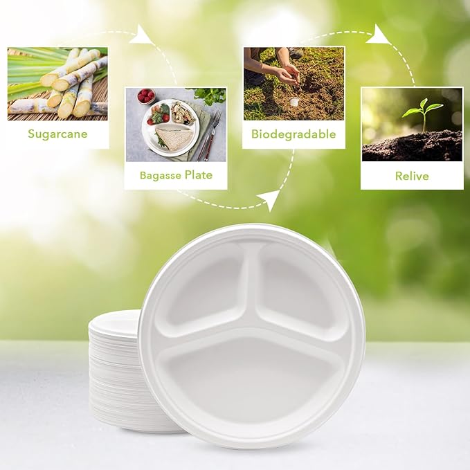 three leaf 10" 3 COMPARTMENT BAGASSE ROUND PLATE, 500 Ct. Heavy-Duty- Super Strong- Natural- Eco-Friendly Disposable Bagasse Plates, 100% Biodegradable 10 inch 3 compartment plates