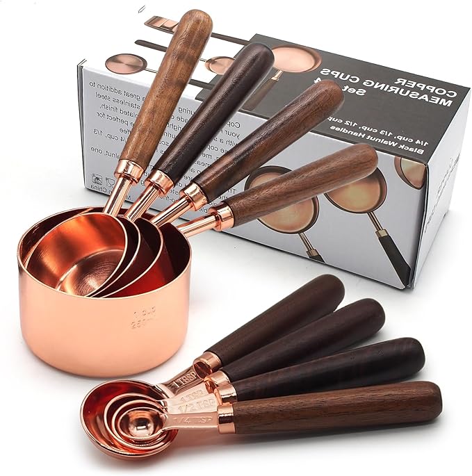 Gold Measuring Cups and Spoons Set, 8 Piece Premium Stainless Steel Measuring Cups with Wood Handles for Baking Supplies in the Kitchen (Rose Gold)