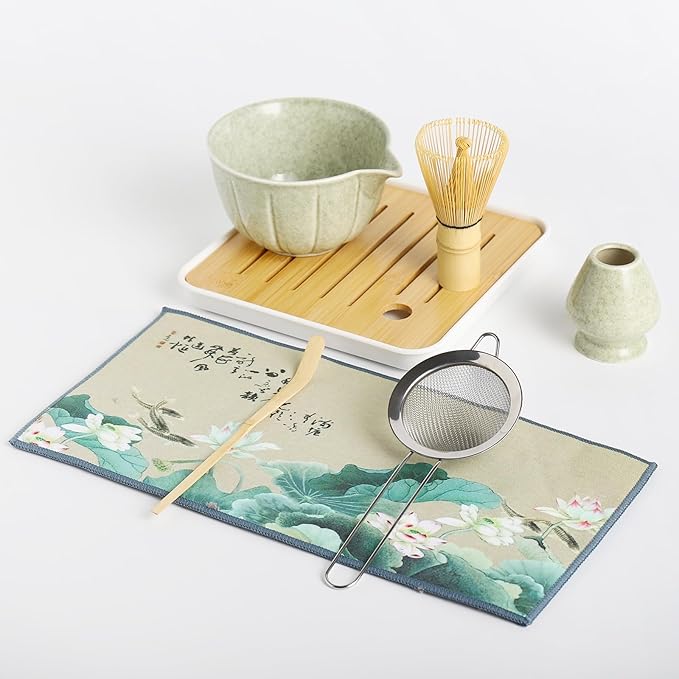 Matcha whisk Set, 8 Pcs Matcha Set with Holder/Scoop/Sifter/Leather Storage Box, 14 OZ,Perfect Matcha Kit for Tea Ceremony,Japanese Tea Making Tools (Green)