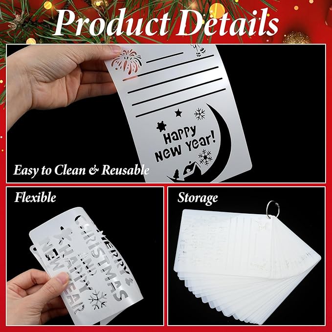 22Pcs Christmas Stencils for Crafts Reusable, Journal Stencil for Card Making Supplies, Drawing Happy New Year Christmas Stencils for Painting On Wood, Crafts, Wall Decorations(7 × 5 Inch)