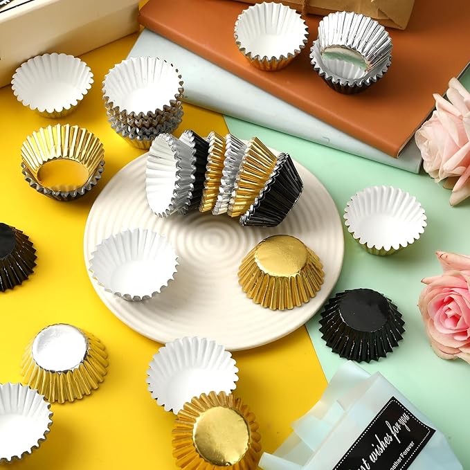 AUGSUN 400pcs Graduation Mini Foil Cupcake Liners Golden Silver Black Cupcake Baking Cups Metallic Mini Muffin Cupcake Wrappers for Graduation New Year Party Cake Candy Chocolate Decorations Supplies