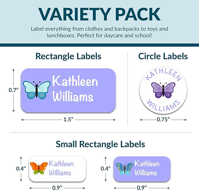 Personalized Waterproof Name Labels for Kids | Optional Packs 50, 150, 230 Labels | Custom Name Stickers for Kids' Clothing Tag, Water Bottle, Customize Kid Name Label for Daycare Butterflies