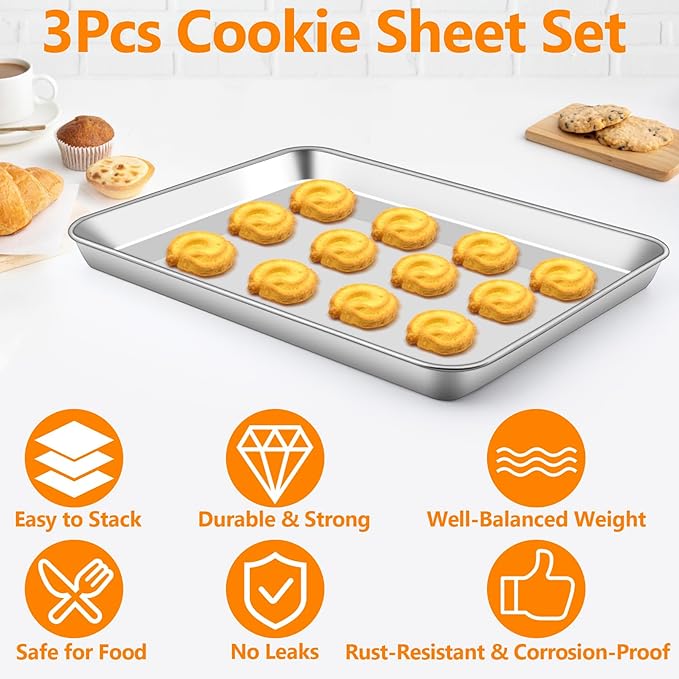 Baking Sheet Set of 3, Stainless Steel Baking Sheet Pan Set, Cookie Sheets for Baking, Cookie Tray for Roasting, Heavy Duty & Easy Clean & Dishwasher Safe, 9/12/16 Inch