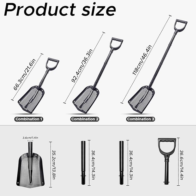 4-Section Adjustable Sand Sifter Shovel - 47.7" Aluminum Beach & Farm Sieve Tool for Treasure Hunting, Chicken Coop Cleaning, Screening Gravel - Portable Modular Design with Carry Bag & Gloves