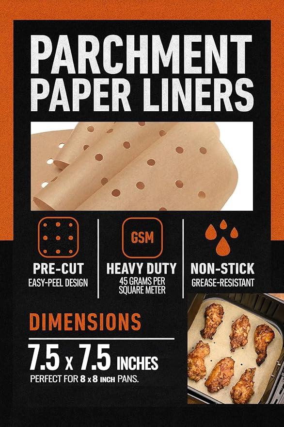 Air Fryer Liners Compatible with Bella, Chefman, Cosori, Dash, Nuwave Brio, More | Natural Unbleached Airfryer Parchment Paper Sheets, Pre-Cut Heavy-Duty and Non Stick