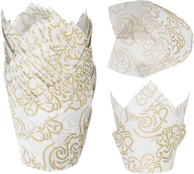 uxcell 50 Pcs Tulip Baking Cups Cupcake Muffins Liners Paper Greaseproof Wrappers for Wedding Birthday Party Festivals Christmas, White/Gold