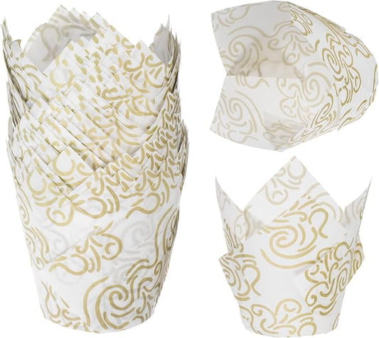 uxcell 50 Pcs Tulip Baking Cups Cupcake Muffins Liners Paper Greaseproof Wrappers for Wedding Birthday Party Festivals Christmas, White/Gold