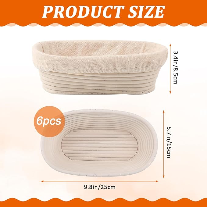 6 Pack Banneton Proofing Basket Set, 10 Inch Oval Sourdough Bread Proofing Baskets with Liners, Dough Rising Bowls for Professional & Home Bakers, Bread Making Tools & Baking Supplies