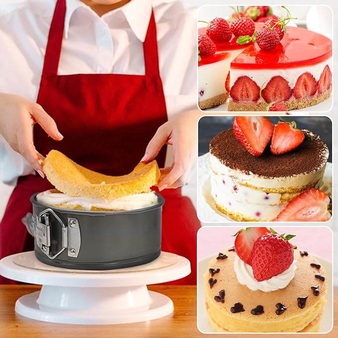 2 PCS Round Springform Cake Tin, Removable Base, Stainless Steel Cake Mold with Snap Closure and Non Stick Layer, Easy to Demould, for Chiffon Cakes