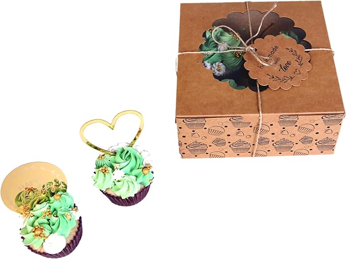 Cupcake Boxes with Insert (Pack of 20), Brown Cupcake Carrier, Food Grade Kraft Bakery Boxes with Windows and Inserts to Fit 4 Cupcakes Muffins or Pastries
