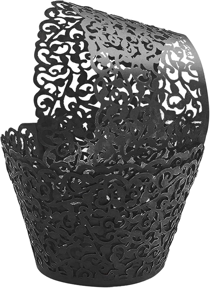 GOLF 100Pcs Cupcake Wrappers Artistic Bake Cake Paper Filigree Little Vine Lace Laser Cut Liner Baking Cup Wraps Muffin CaseTrays for Wedding Party Birthday Decoration (Black)