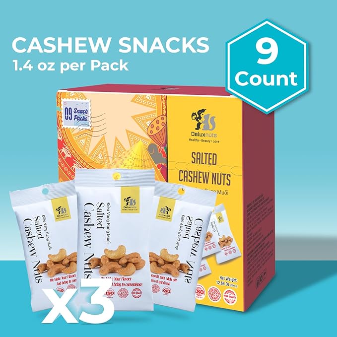 DELUXNUTS Roasted Lightly Salted Cashews (9 Packs), Whole Cashew Nuts, Individual Packs, Healthy Snack for Kids & Adults, Good Source of Protein, Gluten-Free