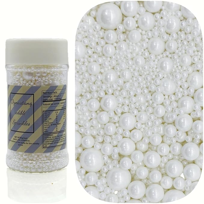 Dynastang Mixed Size White Pearls Sprinkles Edible Pearls Cake Decorating Pearls Cake Decorations Cupcake Toppers Cookie Decorating Perfect for Cakes, Cupcakes, Desserts Toppings 3OZ