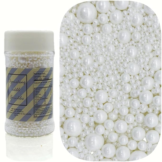 Dynastang Mixed Size White Pearls Sprinkles Edible Pearls Cake Decorating Pearls Cake Decorations Cupcake Toppers Cookie Decorating Perfect for Cakes, Cupcakes, Desserts Toppings 3OZ