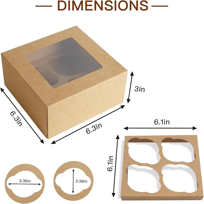 Jotique 6x6x3 Bakery Cookie Boxes with Window, Kraft Paper Cupcake Treat Pastry Food Boxes for Baked Goods 20 Sets