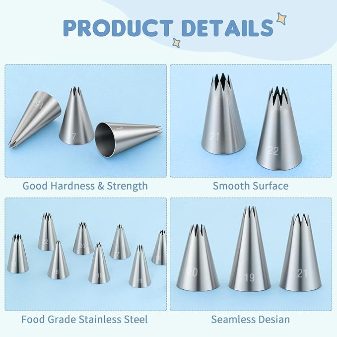 9Pcs Stainless Steel Piping Tips Set, French Star Tube Frosting Nozzle, Open Icing Tips, Cake Decorating tips for Cupcakes, Cookies, Cakes (Small Size)