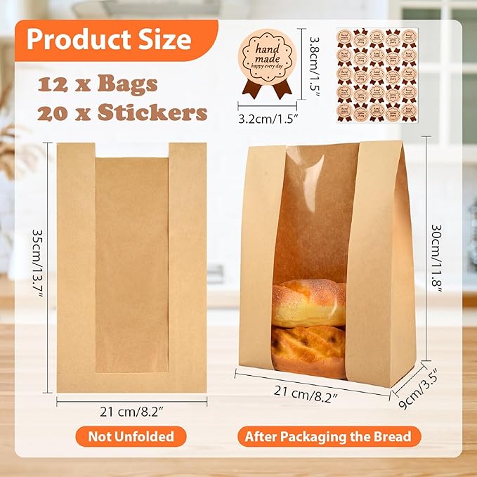 12 Pcs Bread Bags for Homemade, ROOKEA Sourdough Bread Bags with Window for Baked Paper Packaging with Sealing Stickers Bakery Cookie Food Snack Storage Large Kraft Paper 13.7x8.2x3.5 inch