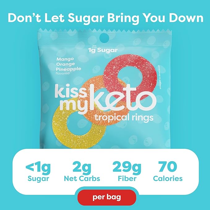 Kiss My Keto Sugar Free Gummies, Gummy Ring 6-Pack – Satisfy Cravings while Staying in Ketosis – High Fiber, 2g Net Carbs, Non-GMO, Vegan, & No Gluten – Calorie-Friendly Vegan Candy