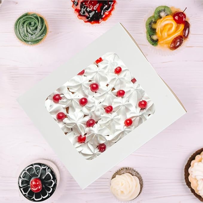 30 Pcs Cake Boxes 10 Inch with Window Clear Bakery Dessert Box Square White Large Disposable Pie Boxes Package for Bake Goods Paper Pastry Packaging Donut Delivery Box