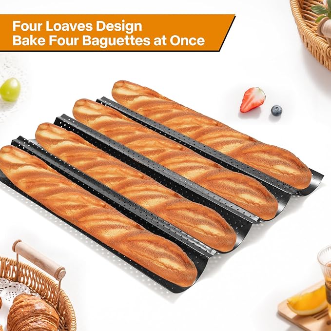 4-Slot French Baguette Pan Set, Non-Stick French Bread Pan, Baguette Baking Pan with Proofing Cloth, Bread Lame, Home Baking Tools Kit for Homemade Bread