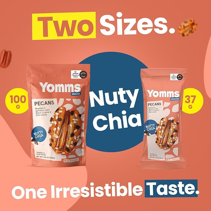 Yomms Nutty Chia Pecans Halves – Low Sugar Healthy Dessert Snack | Coconut & Crunchy Pecan Snack | Lightly Sweetened, Honey Roasted Mixed Nuts | Great for Snacking, Salads - 1.3oz - Pack of 6