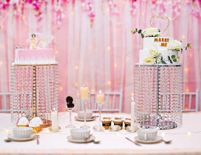 LANLONG Wedding Cake Stand for Dessert Table 12 Inch Silver Crystal Pendants Metal Cake Stand Serves as A Round Dessert Cupcake Display Plate 16 Inch Tall (Silver)