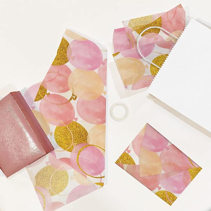Pink and Gold Balloons Birthday Printed Tissue Paper for Gift Bags or Boxes and Wrapping - Bulk Decorative Art Tissue Paper for Packaging and Gifting | 24 Sheets 20" x 30"