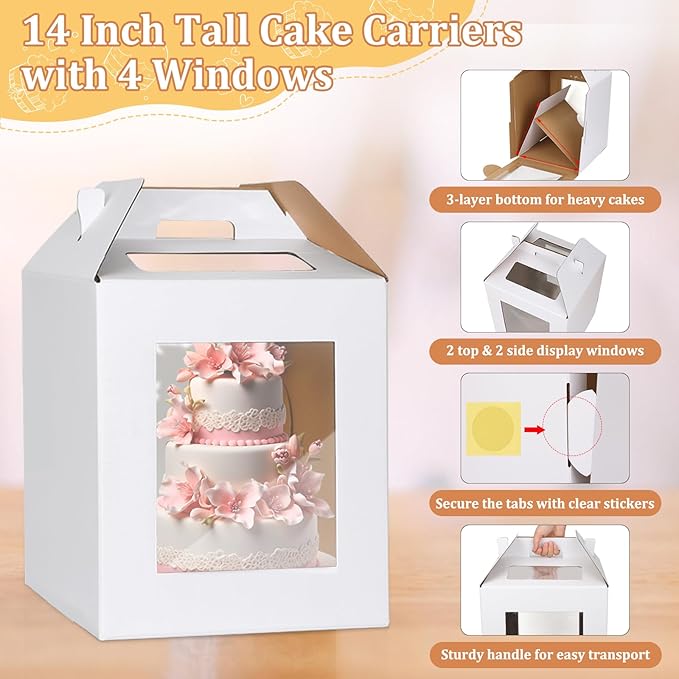 3 Pack Tall Cake Box for Tier Cake with Cake Board, 12 x 12 x 14 Inch Large Tiered Cake Carriers with Clear Windows & Handle, Disposable Bakery Take Out Transport Container for Birthday Wedding Party