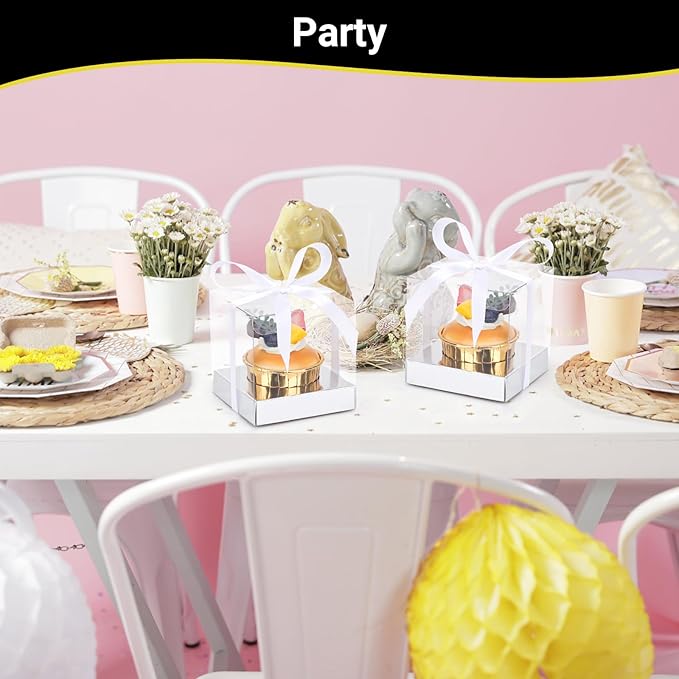 EUSOAR Clear Cupcake Wrappers, 12pcs 3.5 Inch Plastic Individual Tall Cupcake Box, Single Transparent Cupcake Holder Carrier with Ribbon and Inserts for Wedding Party Favor- Silver