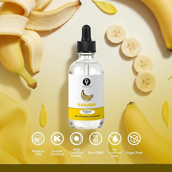 Dolce Flav Natural Banana Extract – 2 oz Water-Soluble Pure Banana Flavoring Drops for Baking, Smoothies & Desserts | Sugar Free, Allergen Free, Kosher | Made in USA