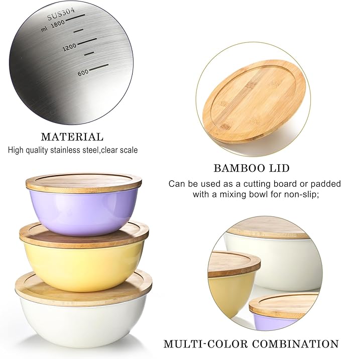 Magnetic Measuring Cups Set Includes 7 Stainless Steel Magnetic Measuring Cups and 3 Mixing Bowls with Wooden Lids Kitchen Measuring Tools for Cooking or Baking