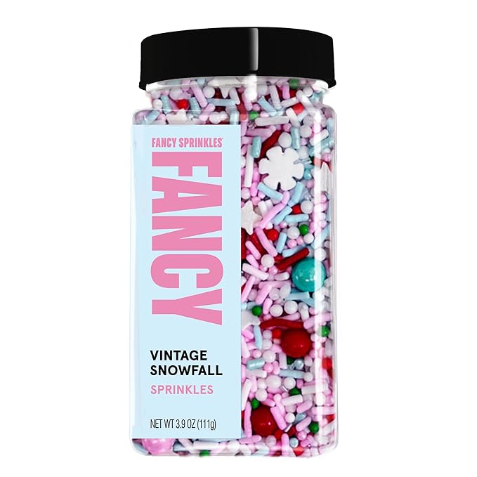 Fancy Sprinkles Limited Edition Holiday Vintage Snowfall Sprinkles Pink Pastel, Teal, Red, Dark Green and Snowy White Crunchy Jimmies, Pearls, Nonpareils, Sugar, Star and Snowflake Shapes (0.5c)