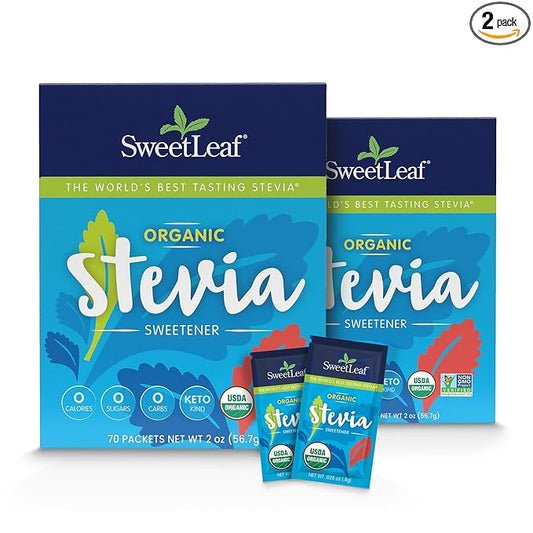 SweetLeaf Organic Stevia Packets - Zero Calorie Stevia Powder, No Bitter Aftertaste, Sugar Substitute for Keto Coffee, Nothing Artificial, Non-GMO Stevia Sweetener Packets, 70 Count (Pack of 2)