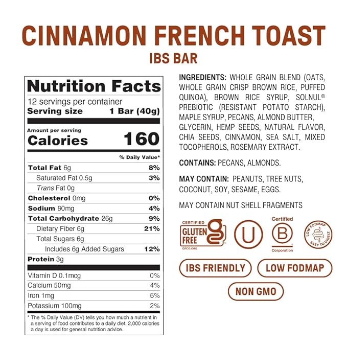 Fody Foods IBS Snack Bars, Cinnamon French Toast, 1.41 Oz (Pack of 12), 6g Prebiotic Fiber, Low FODMAP, Gut & IBS Friendly, Lactose Free, Non-GMO, Gluten Free