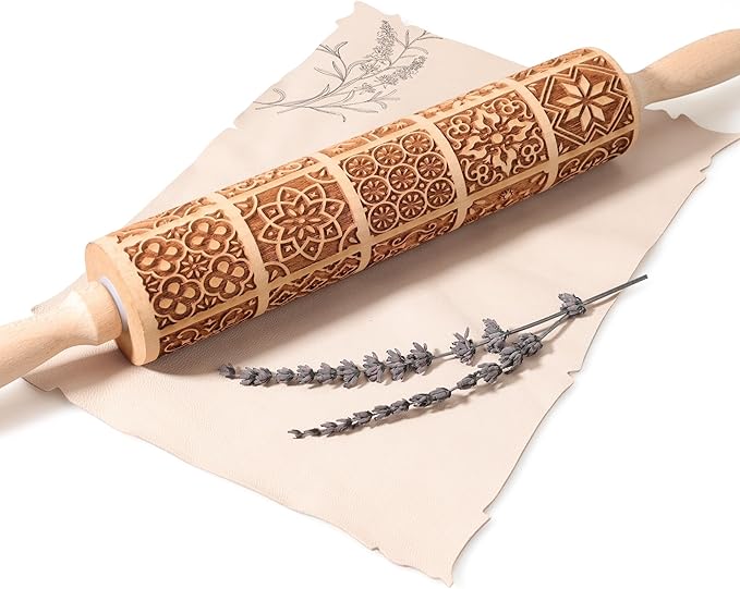 17" Premium Wooden Rolling Pins for Baking with European Embossed Designs | 3mm Deep Springerle Cookie Molds | Christmas Rolling Pin & Baking Gifts for Women | Includes 3-in-1 Cleaning Brush