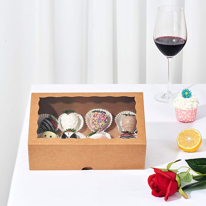 48PCS 10 x 7 x 2.5 inches Premium Bakery Boxes for Cookies Boxes, Strawberries Boxes with Clear Window, Brown Natural Kraft Paper Box