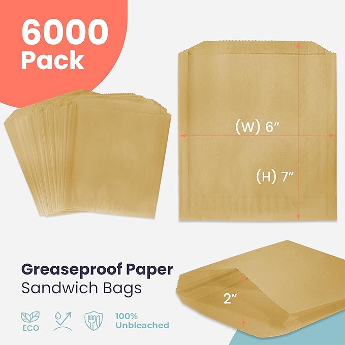 Fit Meal Prep 6000 Pack Paper Sandwich Bags 7 x 6”, Greaseproof Paper Snack Bags, Unbleached Pastry Bag, Recyclable Small Brown Paper Bags, Cookie Sleeves, Food Packing for Bakery, Donuts