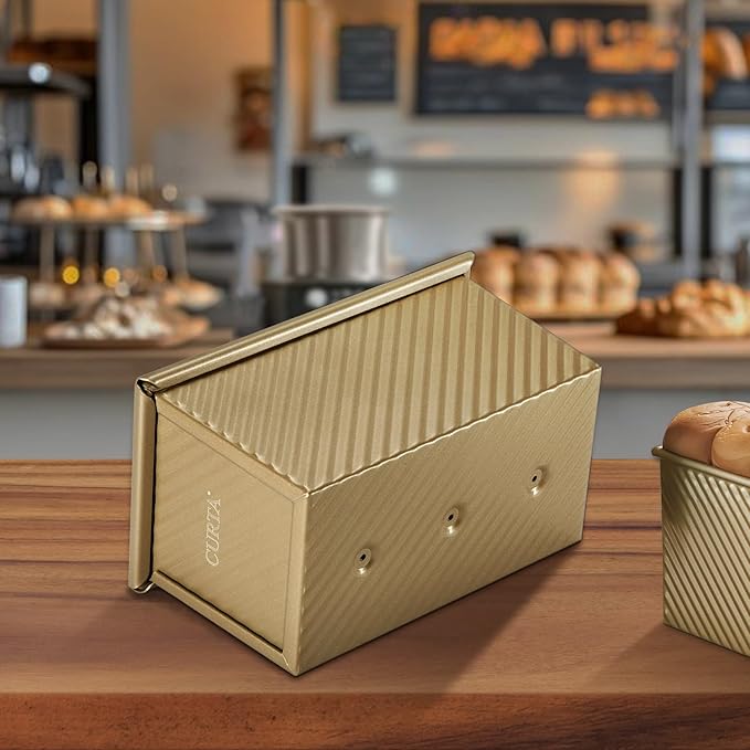 CURTA Pullman Loaf Pan with Lid 1 lb Dough Capacity Non-Stick Bakeware for Baking Bread, Corrugated sourdough bread pan, Champagne Gold 1pcs