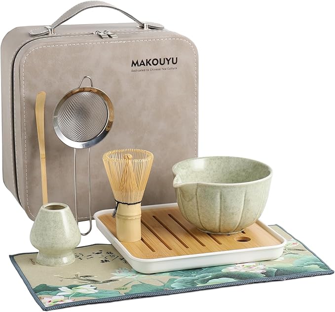 Matcha whisk Set, 8 Pcs Matcha Set with Holder/Scoop/Sifter/Leather Storage Box, 14 OZ,Perfect Matcha Kit for Tea Ceremony,Japanese Tea Making Tools (Green)