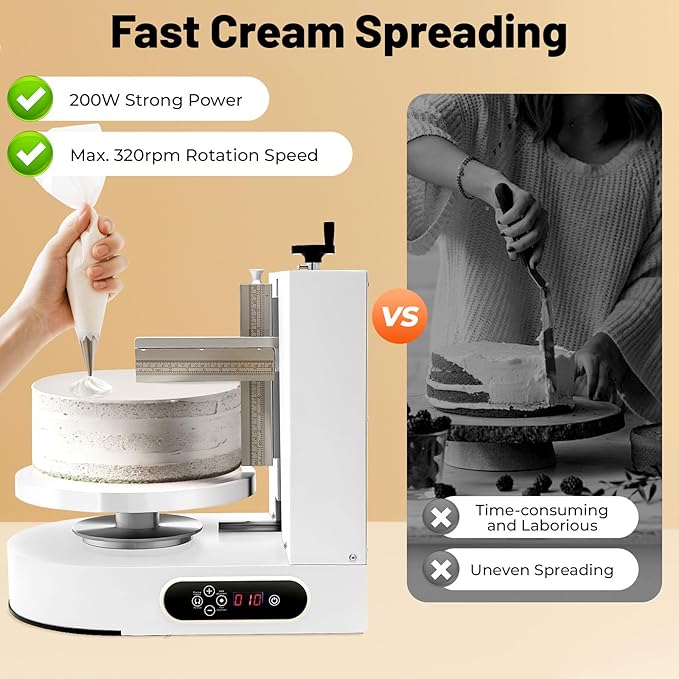 Cake Decorating Machine, Automatic Cake Cream Spreading Machine for 4-12 Inch Cakes, 60-320 RPM Rotating Speed, Turntable with Adjustable Scraper, Cake Frosting Machine with LCD Display (White)