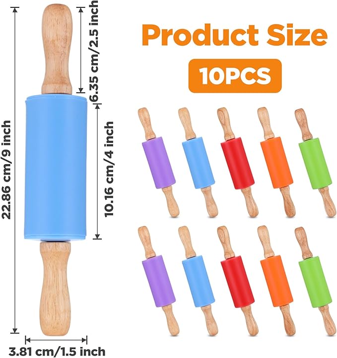 10 Pcs 9 Inch Mini Rolling Pin for Kids, Silicone Wooden Non-Stick Cooking Pins Baking, 5 Colors for Kitchen Dough Cookie Pastry Fondant Cake
