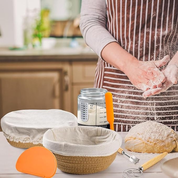 mcdhhemoCotton Rope Banneton Bread Proofing Basket Set, 2 Round Bread Baskets with Liner and Lid, Suitable for Artisan Bread Baking and Sourdough Bread Baking Supplies