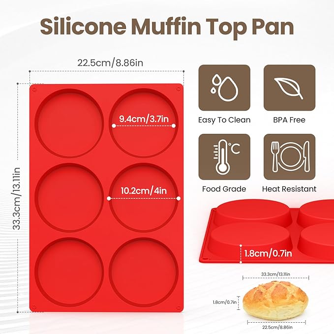 Redfly Silicone Egg Molds for Breakfast Sandwiches 3 Pcs, Non Stick 4 Inch Egg Bites Baking Pans, Jumbo Silicone Muffin Pans for Baking, Round Muffin Top Pan for Whoopie Pie Pan, Hamburger, Fruit Tart