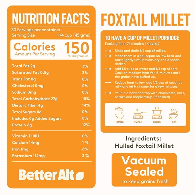 Better Alt 3 LBS SUPER PACK Millet Grain, Superfood of the Year 2023, Gluten Free, Hulled Whole Grain, Foxtail Millet, High Protein, Alternative to Rice, VACUUM SEALED