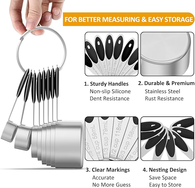 Measuring Cups and Magnetic Measuring Spoons Set, Wildone Stainless Steel 8 Measuring Cups, 7 Double Sided Stackable Magnetic Measuring Spoons, 1 Leveler & 5 Mini Spoons - 21 Piece Black