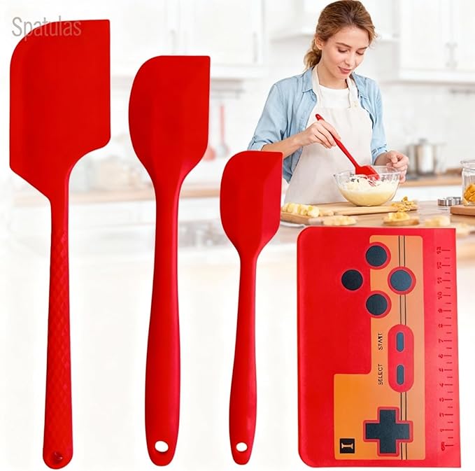 Silicone Spatula Set - 4-Piece Rubber Spatulas Silicone Heat Resistant, Spatula Set for Baking, Non-Stick Kitchen Scraper with Measurement Markings, Heat Resistant & Dishwasher Safe