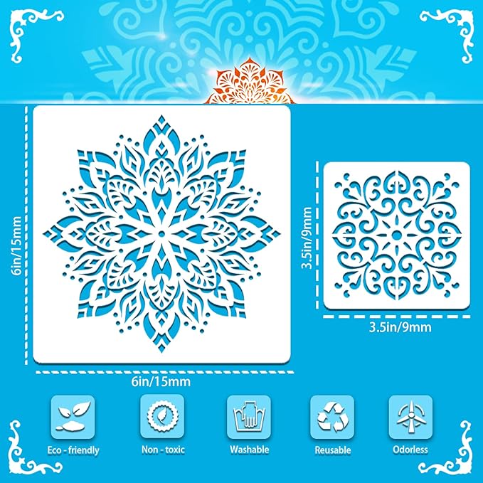 SUNFEEL Mandala Painting Craft Stencils Reusable Templates 6 x 6 in and 3.5 x 3.5 in, For Wood and Canvas, DIY Crafts and Furniture