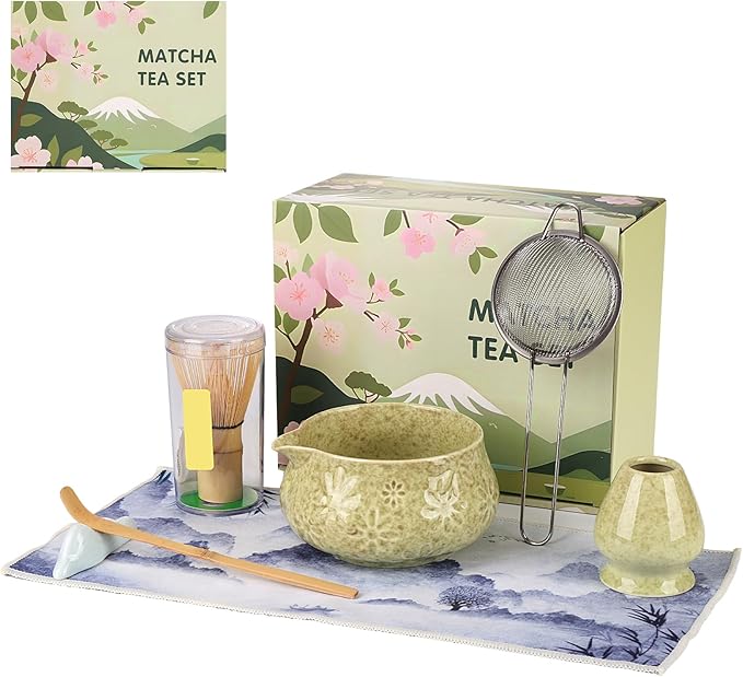Matcha Whisk Set, 7 Pcs Matcha Kit Includes Matcha Bowl, Whisk and Holder, Bamboo Scoop, Scoop Rest, Sifter and Tea Towel, Gift for Matcha Lover (Mottled Green)